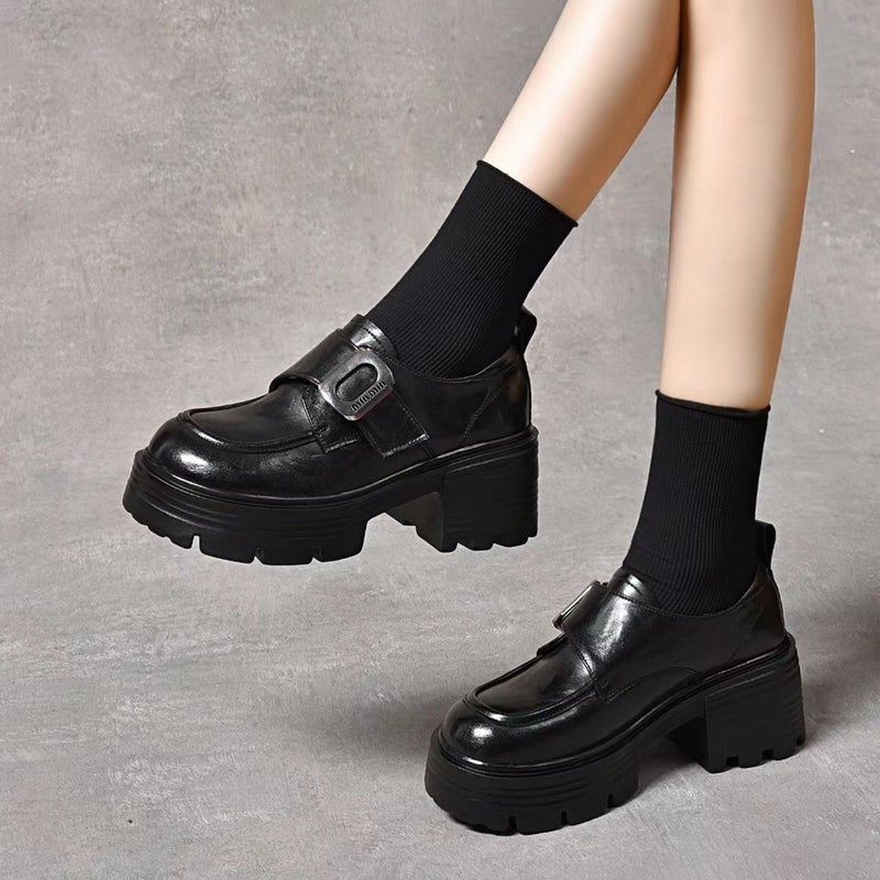 Thick Bottom Leather Loafers 2024 Autumn New Round Toe Increased Soft Leather Single-Layer Shoes British High Heels Leather Shoes - Image 3