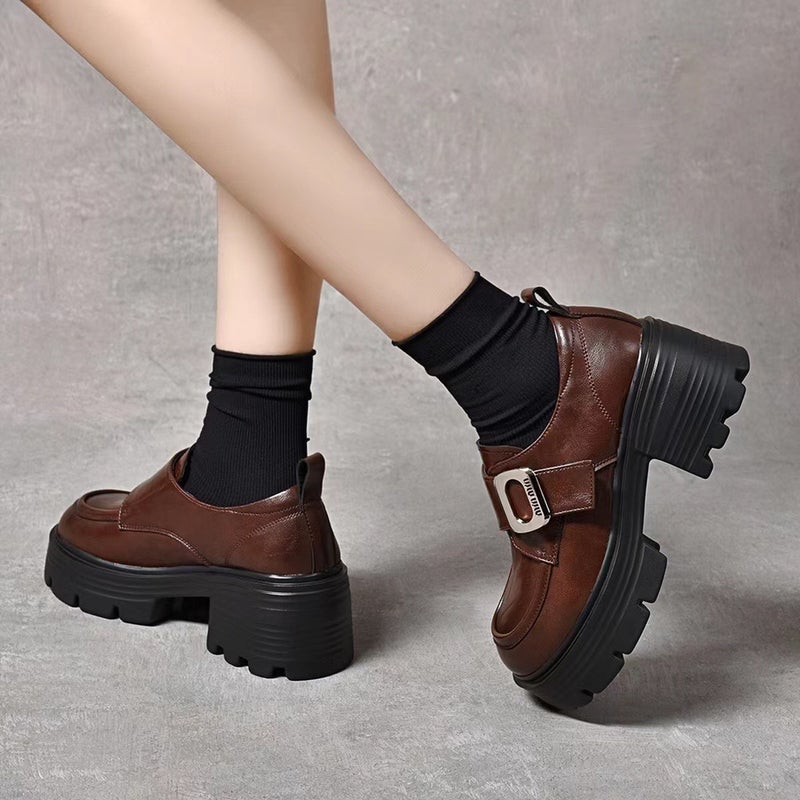 Thick Bottom Leather Loafers 2024 Autumn New Round Toe Increased Soft Leather Single-Layer Shoes British High Heels Leather Shoes - Image 4