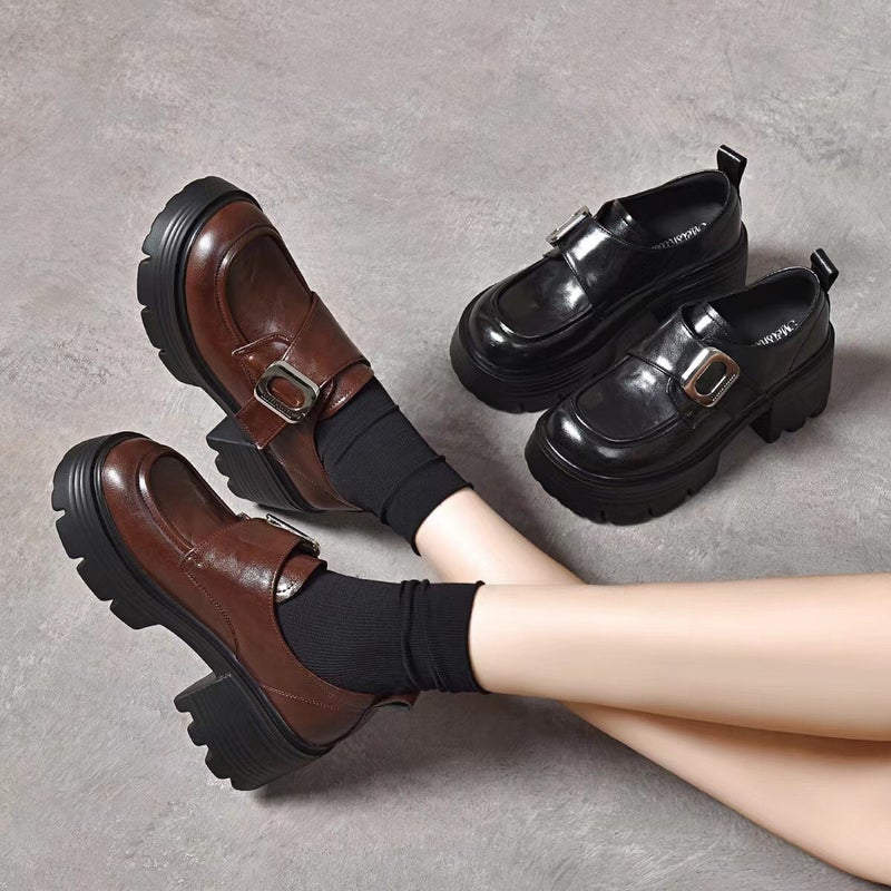 Thick Bottom Leather Loafers 2024 Autumn New Round Toe Increased Soft Leather Single-Layer Shoes British High Heels Leather Shoes - Image 2