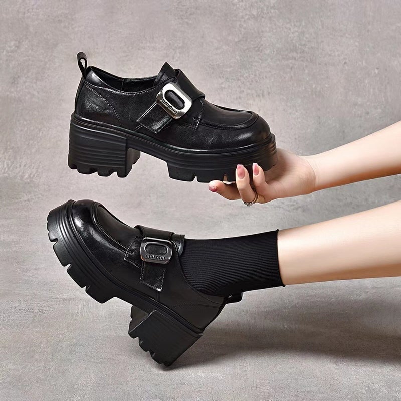 Thick Bottom Leather Loafers 2024 Autumn New Round Toe Increased Soft Leather Single-Layer Shoes British High Heels Leather Shoes - Image 5