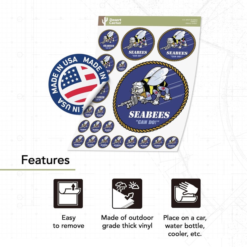 Desert Cactus US Navy Emblem Logo Sticker Vinyl Decal Laptop Water Bottle Car Scrapbook Officially Licensed United States (Sheet - Seabees) Gulf climate upgraded quality - Image 3