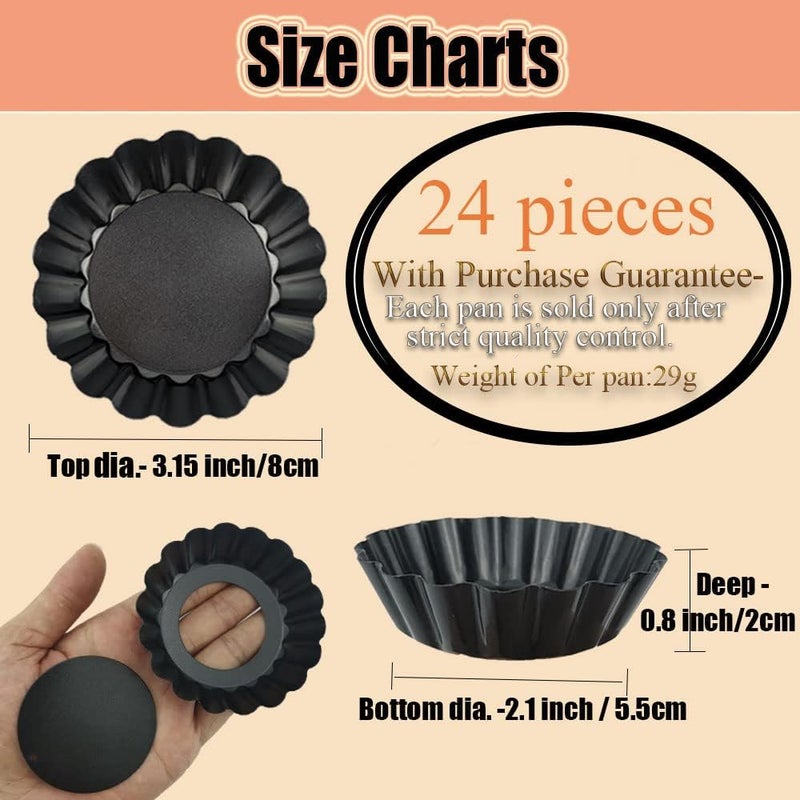 DATANYA 24Packs Mini Tart Pans 3 Inch with Removable Botttom, Carbon Steel Fluted Tart Tin Shell Mold Round Nonstick 3'' Quiche Pans for Pies, Mousse Cakes, Dessert Baking - Image 2