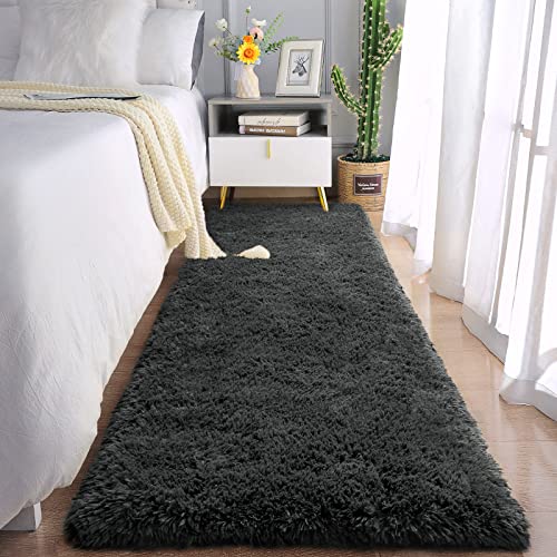 Chicrug Soft Runner Rugs for Bedroom Living Room Plush Fluffy Rug 2x6 Feet, Shag Furry Area Rug Carpet Non Shedding for Nursery Children Kids Girls Room Home Decorative, Dark Grey - Image 1