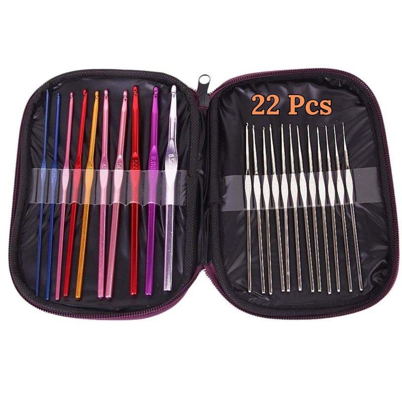 Swarush Swarush 22 Piece Crochet Hooks Set Steel Aluminum Crochet Hooks with Ergonomic Knitting Needles Set Weaving Yarn Set for Crafting Sweaters Woolen Clothing Sewing for Beginners Multicolour 22