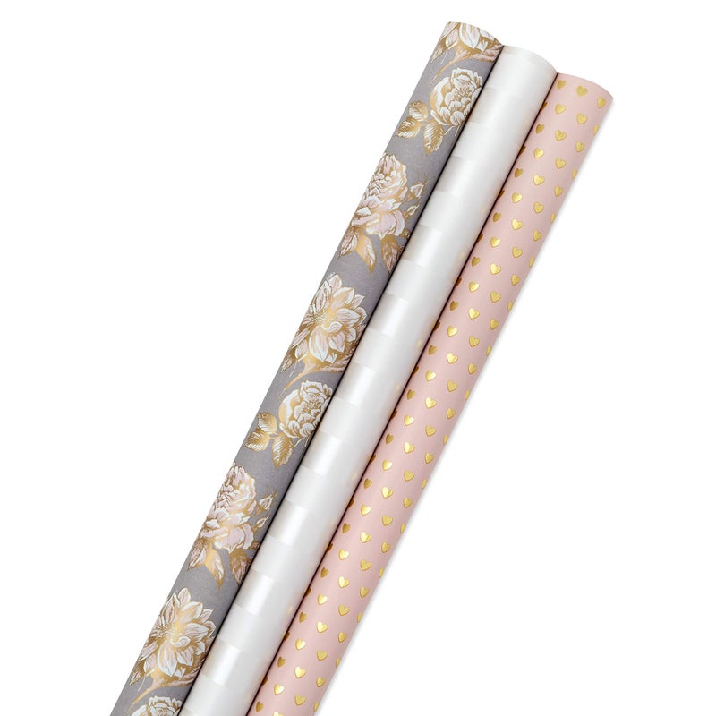 Hallmark Wedding Wrapping Paper Rolls  Gold Hearts Rose Flowers White Stripes Gift Wrap Paper Set of 3 Rolls 85 sq ft ttl for Bridal Showers Birthdays Weddings Mothers Day Valentines Day