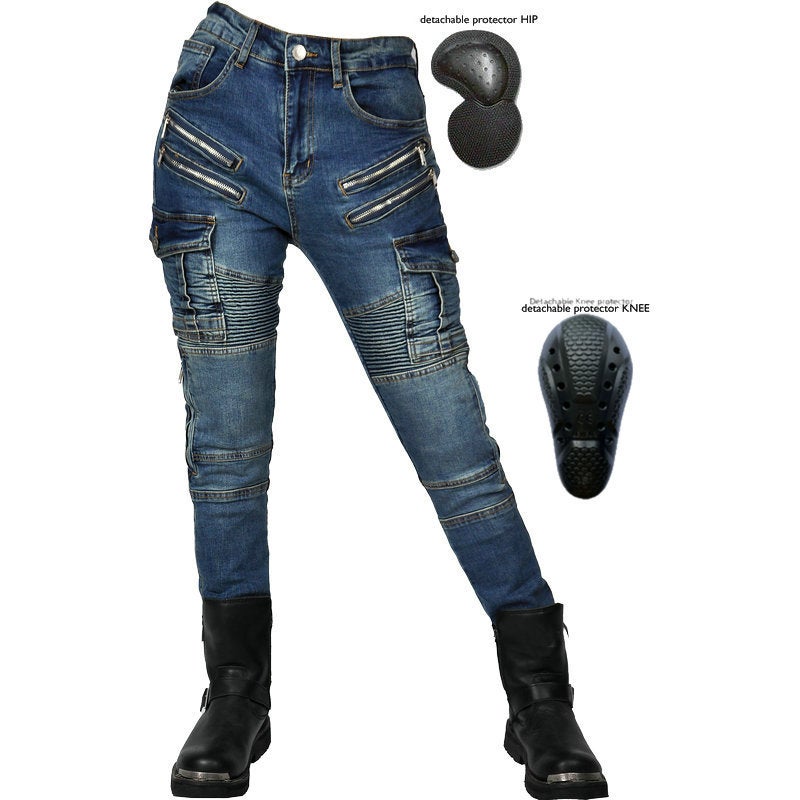 Generic VOLERO Womens Denim Motorcycle Pants with Adjustable Knee Protection JES-24 blue second generation upgrade 