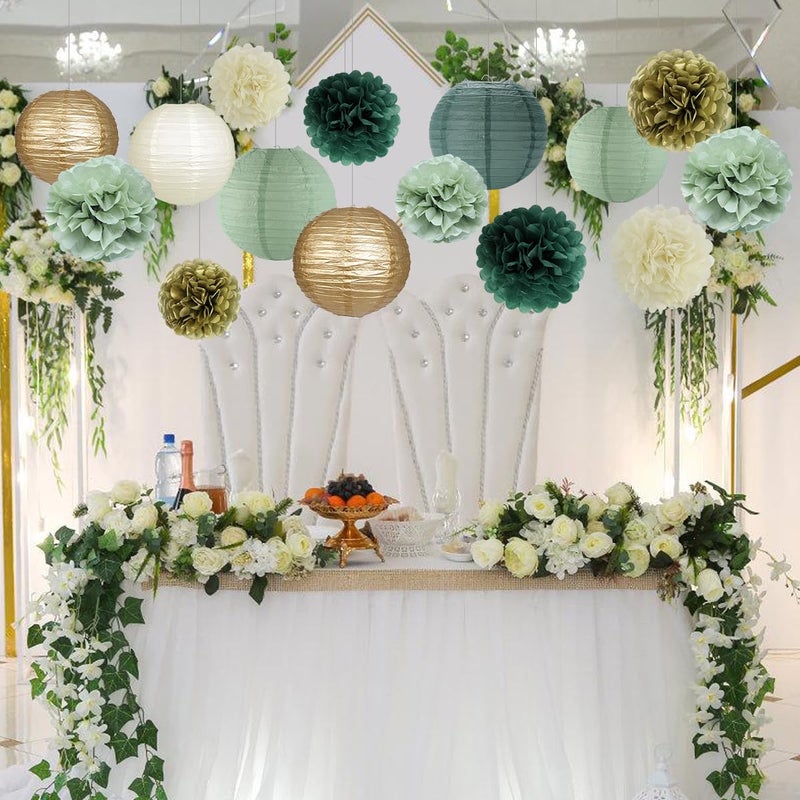 zilue Sage Green Party Decorations  Sage Green Paper Lanterns and Pom Poms Flowers for Birthday Party Baby Shower Wedding Shower Decor Gold/Ivory/Sage Green 15pcs - Image 4