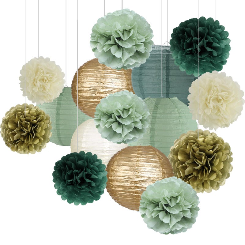 zilue Sage Green Party Decorations  Sage Green Paper Lanterns and Pom Poms Flowers for Birthday Party Baby Shower Wedding Shower Decor Gold/Ivory/Sage Green 15pcs - Image 1