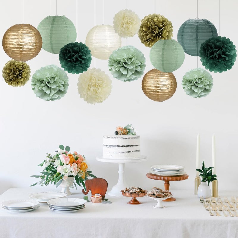 zilue Sage Green Party Decorations  Sage Green Paper Lanterns and Pom Poms Flowers for Birthday Party Baby Shower Wedding Shower Decor Gold/Ivory/Sage Green 15pcs - Image 3
