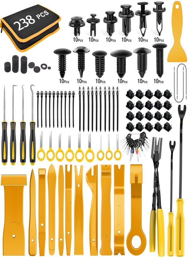 GOOACC 238Pcs Trim Removal Tool, Auto Push Pin Bumper Retainer Clip Set Fastener Terminal Remover Tool Adhesive Cable Clips Kit Car Panel Radio Removal Auto Clip Pliers, Yellow - Image 1