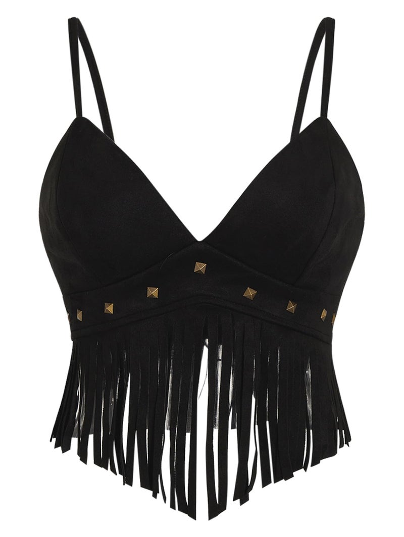 OYOANGLE Women's Y2K Fringe Sleeveless Spaghetti Strap Faux Suede Vintage Hippie Crop Top Blouse Black Medium - Image 1