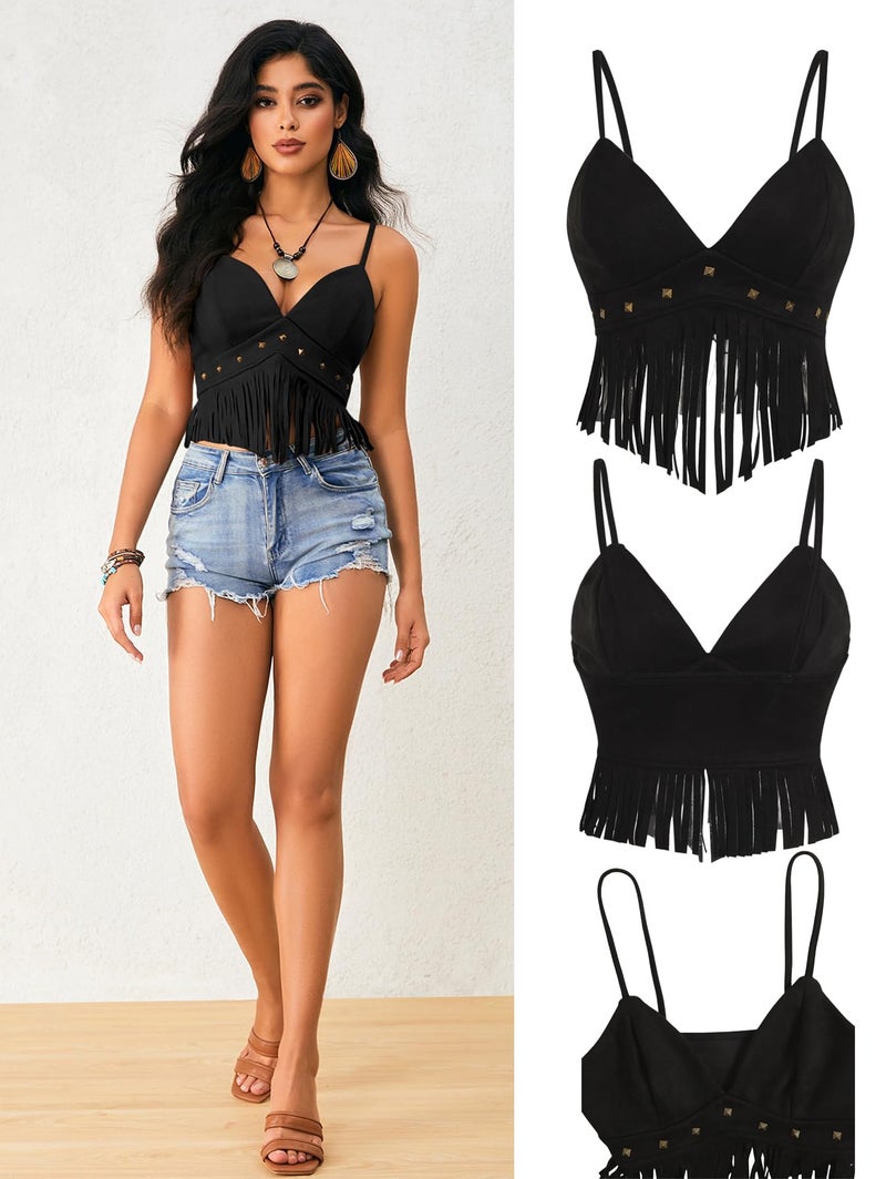 OYOANGLE Women's Y2K Fringe Sleeveless Spaghetti Strap Faux Suede Vintage Hippie Crop Top Blouse Black Medium - Image 4