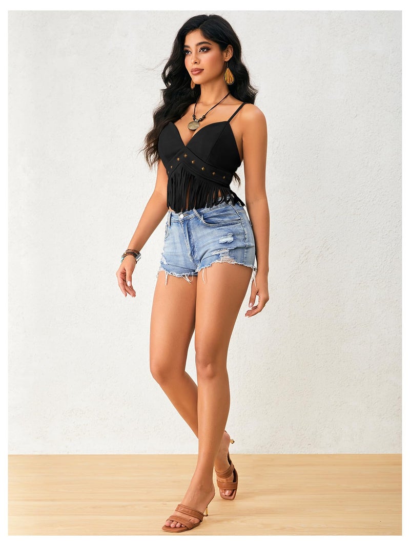 OYOANGLE Women's Y2K Fringe Sleeveless Spaghetti Strap Faux Suede Vintage Hippie Crop Top Blouse Black Medium - Image 5