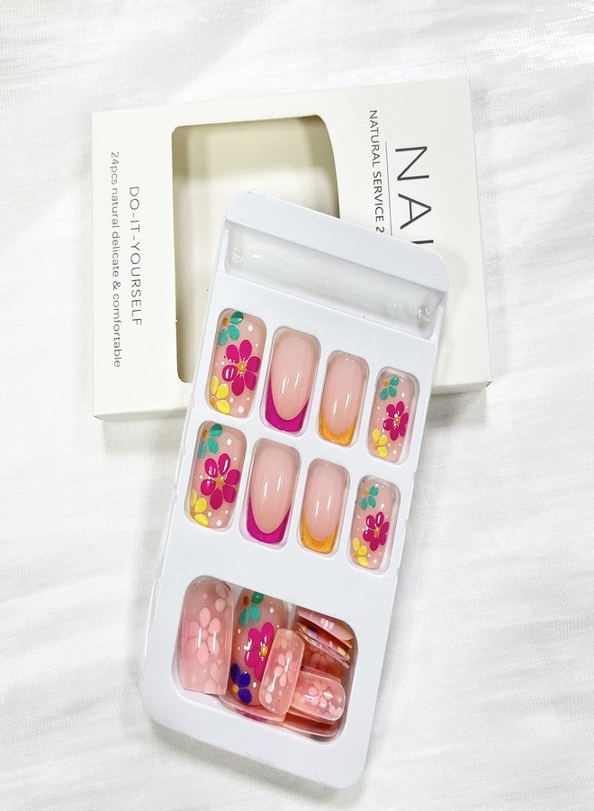 OCOUYVD French Tip Press on Nails Square Short Fake Nails Pink False Nails with Colorful Designs Glossy Acrylic Nails Spring Summer Floral Glue on Nails for Women Nail Art Decorations - Image 3