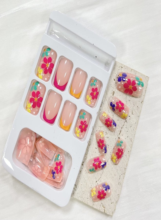 OCOUYVD French Tip Press on Nails Square Short Fake Nails Pink False Nails with Colorful Designs Glossy Acrylic Nails Spring Summer Floral Glue on Nails for Women Nail Art Decorations - Image 5