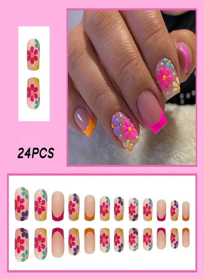 OCOUYVD French Tip Press on Nails Square Short Fake Nails Pink False Nails with Colorful Designs Glossy Acrylic Nails Spring Summer Floral Glue on Nails for Women Nail Art Decorations - Image 2