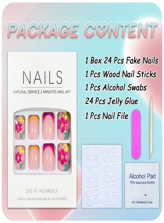 OCOUYVD French Tip Press on Nails Square Short Fake Nails Pink False Nails with Colorful Designs Glossy Acrylic Nails Spring Summer Floral Glue on Nails for Women Nail Art Decorations - Image 4