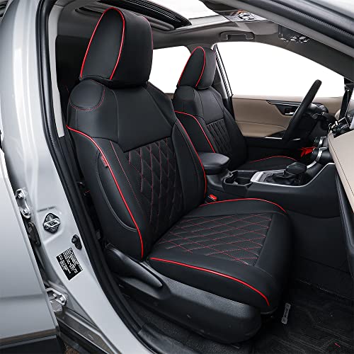 EKR Rav4 Seat Covers for Toyota RAV4 Hybrid 2019-2025(Not for Hybrid/PHEV XSE,SE)Leather Car Truck Seat Cover Full Set for Suv,Waterproof Automotive Seat Protector,Faux Leather(Black with Red Piping) - Image 1