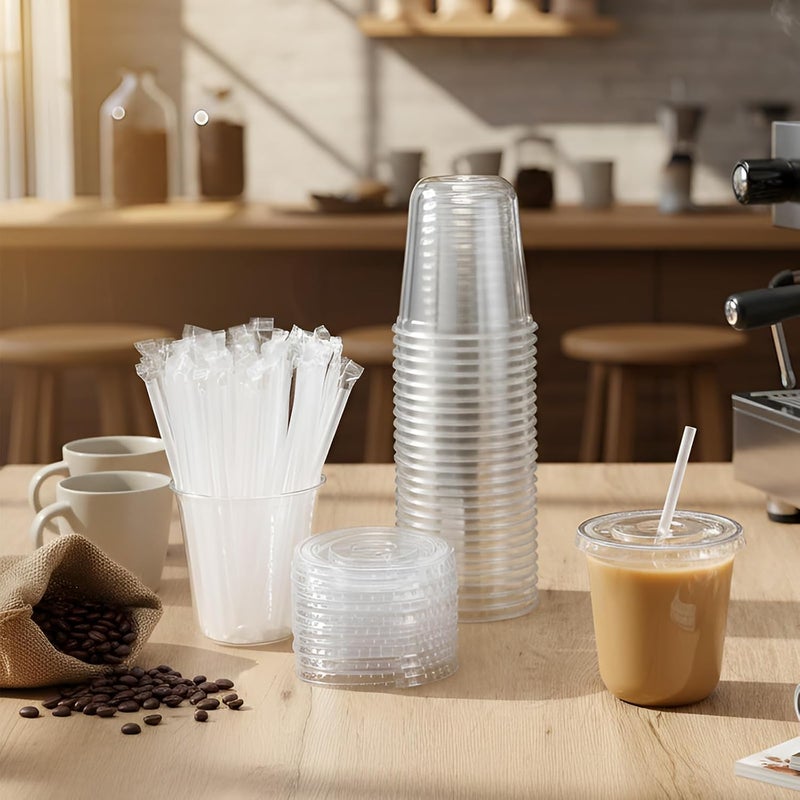 Ziliny 50 Sets Clear Plastic Cups with Lids and Straws, Disposable Iced Coffee Cups for Drinking, Cold Drinks, Juice, Smoothie, Pet Cup for Coffee Shops, Party, Christmas (12 oz) - Image 2