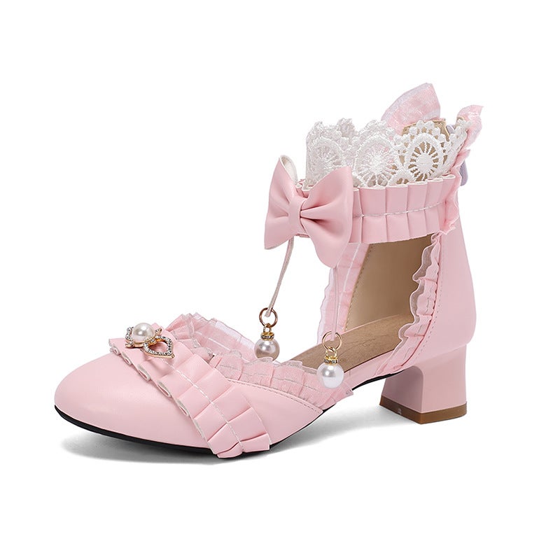 Spring 2024 Thick Heel Middle Heel Bow 28-43 Size Lace Edge Pearl Shoes - Image 1