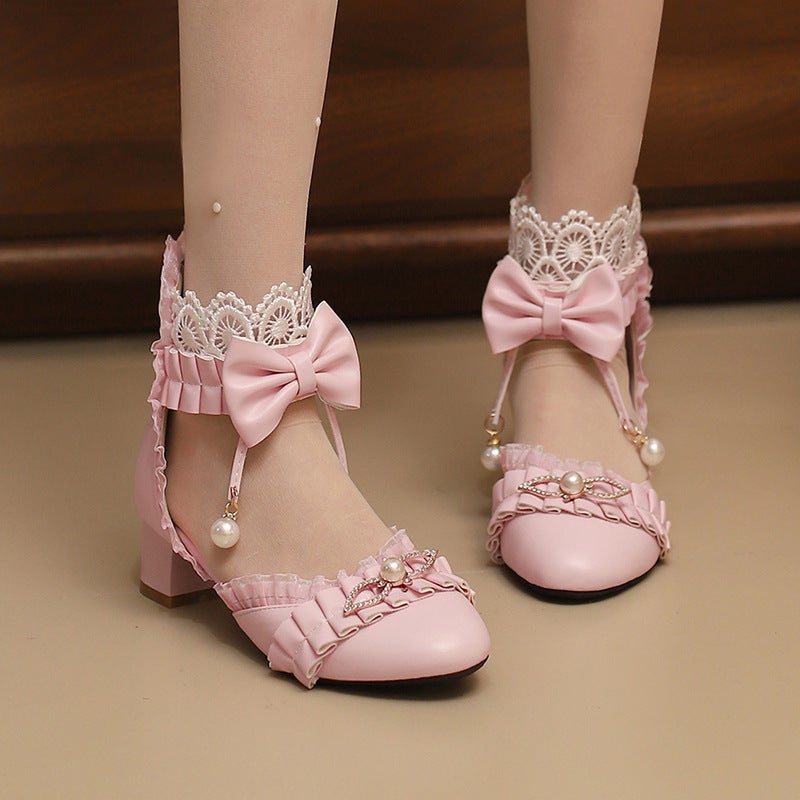 Spring 2024 Thick Heel Middle Heel Bow 28-43 Size Lace Edge Pearl Shoes - Image 2