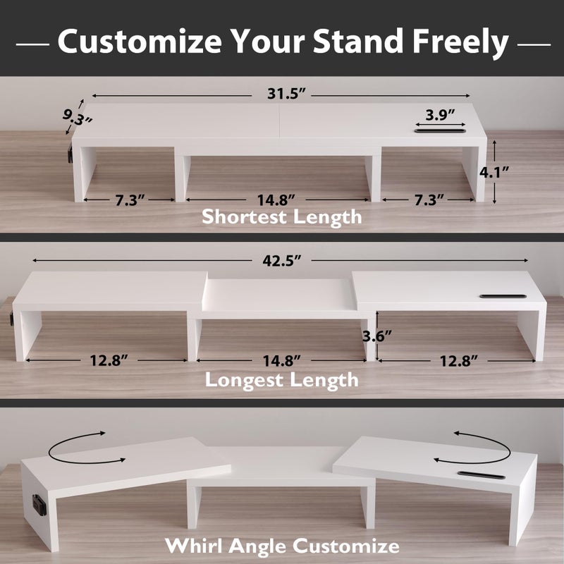 BONTEC Dual Monitor Stand Riser with Smartphone Holder, Adjustable Length & Swivel Angle, Ergonomic Wooden Desktop Organizer for PC Monitor, Laptop, Printer, Large Storage, White - Image 3