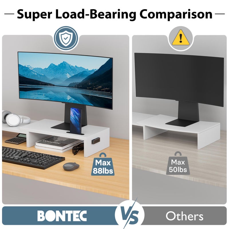 BONTEC Dual Monitor Stand Riser with Smartphone Holder, Adjustable Length & Swivel Angle, Ergonomic Wooden Desktop Organizer for PC Monitor, Laptop, Printer, Large Storage, White - Image 5