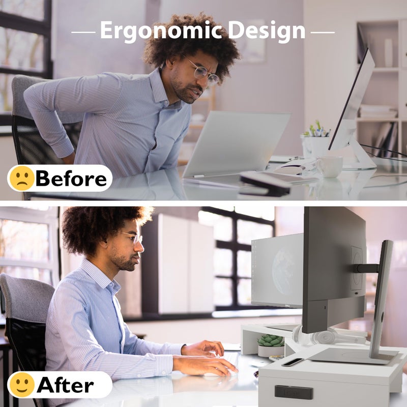 BONTEC Dual Monitor Stand Riser with Smartphone Holder, Adjustable Length & Swivel Angle, Ergonomic Wooden Desktop Organizer for PC Monitor, Laptop, Printer, Large Storage, White - Image 4