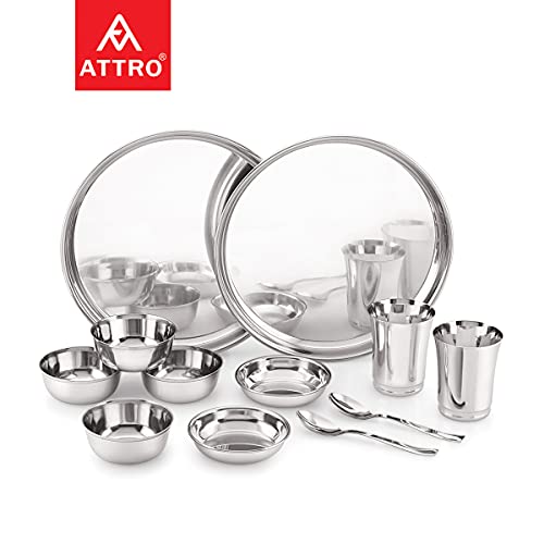 ATTRO طقم عشاء صلب من الستانلس ستيل مكون من 2 ثالي، 2 طبق، 4 وعاء، 2 كأس، 2 ملعقة (قطر الثالي 12 بوصة) - طقم من 12، فضي، قياسي - Image 2