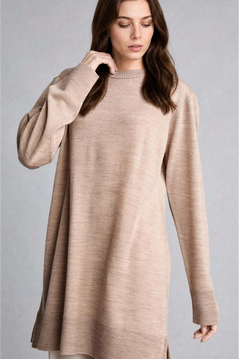 DeFacto Beige Woman Regular Fit Crew Neck Beige Knit Tunic Casual - Image 1