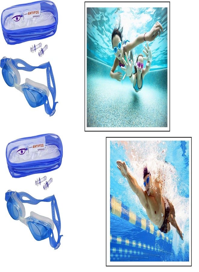 Ekan Unisex Slip-Resistant and Anti-Fog Coating Goggles with Earplugs for Swimming Kids and Adults 30 Gram Pack of 1 (Blue Combo) - Image 1