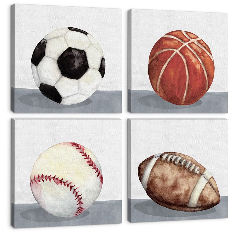 YOOOAHU Boys Room Wall Decor Sports Decor for Boys Bedroom Rustic Soccer Football Baseball Basketball Canvas Pictures Kids Wall Art Vintage Ball Painting Nursery Playroom Artwork Home Decorations 12x12"" 4 Pcs - Image 1