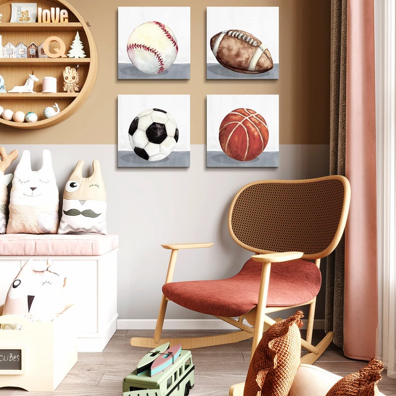 YOOOAHU Boys Room Wall Decor Sports Decor for Boys Bedroom Rustic Soccer Football Baseball Basketball Canvas Pictures Kids Wall Art Vintage Ball Painting Nursery Playroom Artwork Home Decorations 12x12"" 4 Pcs - Image 4