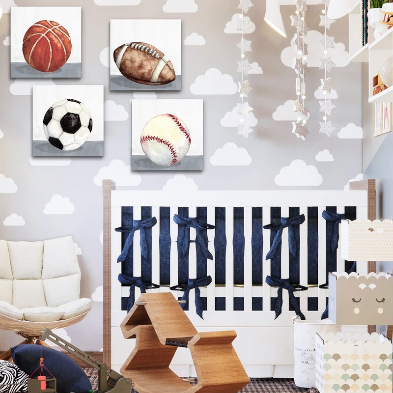 YOOOAHU Boys Room Wall Decor Sports Decor for Boys Bedroom Rustic Soccer Football Baseball Basketball Canvas Pictures Kids Wall Art Vintage Ball Painting Nursery Playroom Artwork Home Decorations 12x12"" 4 Pcs - Image 3
