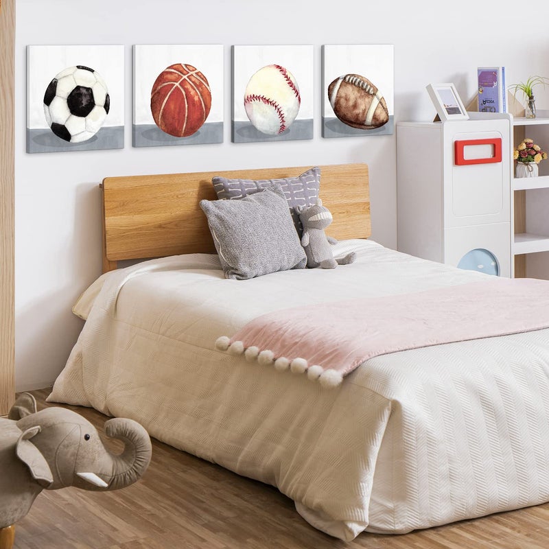 YOOOAHU Boys Room Wall Decor Sports Decor for Boys Bedroom Rustic Soccer Football Baseball Basketball Canvas Pictures Kids Wall Art Vintage Ball Painting Nursery Playroom Artwork Home Decorations 12x12"" 4 Pcs - Image 5