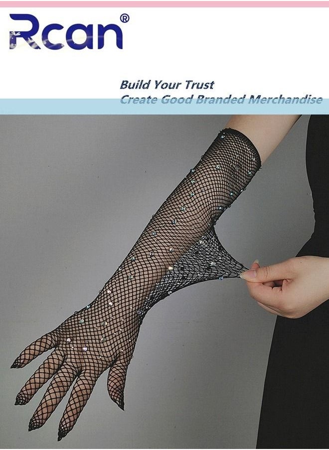 Rcan Ladies Elegant Vintage Sunscreen Lace Gloves Bridal Wedding Dress Accessories Fishnet Hollow Diamond Long Gloves for Prom Party Wedding Tea Party Cosplay for Women Free Size  - Image 2