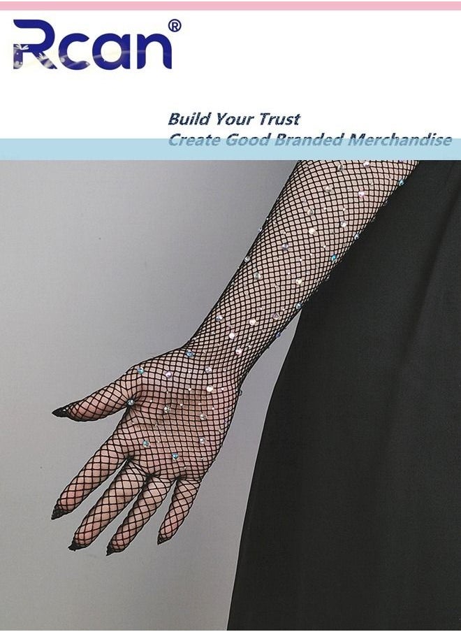 Rcan Ladies Elegant Vintage Sunscreen Lace Gloves Bridal Wedding Dress Accessories Fishnet Hollow Diamond Long Gloves for Prom Party Wedding Tea Party Cosplay for Women Free Size  - Image 4