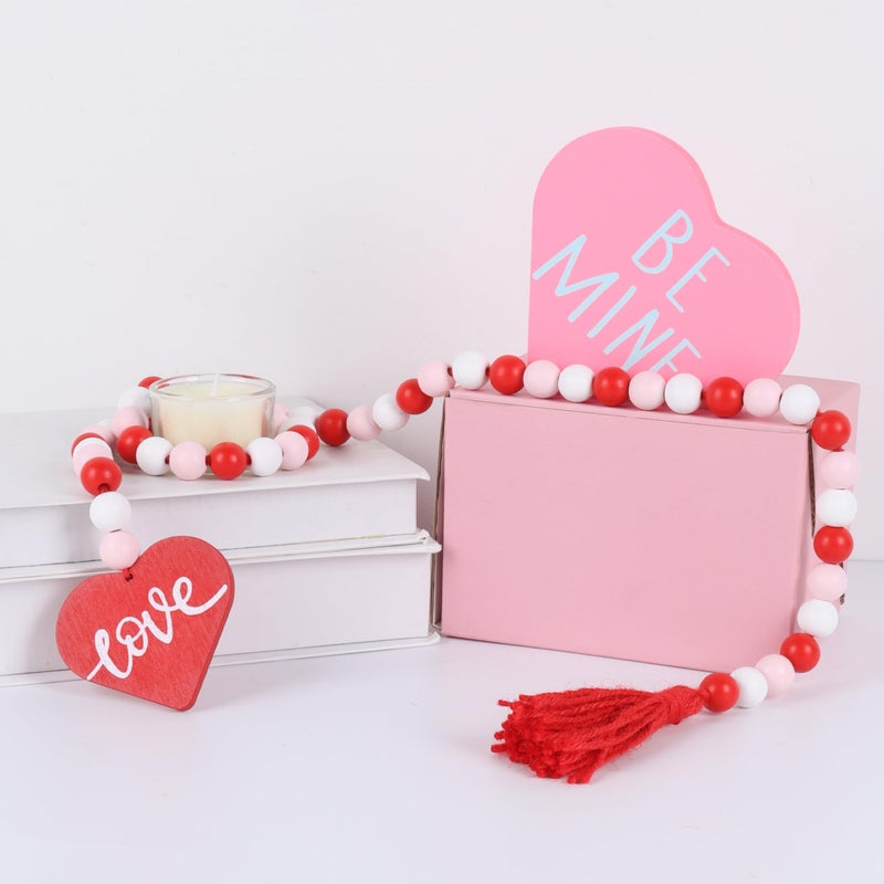 Meplait Valentine's Day Wood Beaded Garland with Tassel, Valentines Day Decor Farmhouse Rustic Beads Garland with Red Heart for Wall Hanging Home Decorations - Image 2