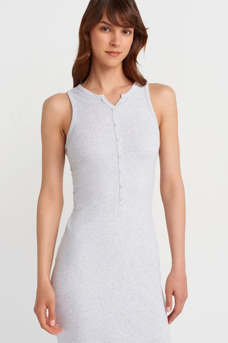 Dilvin Light Grey DILVIN Ribbed Cotton Blend Sleeveless Maxi Dress for Women | Best Price UAE