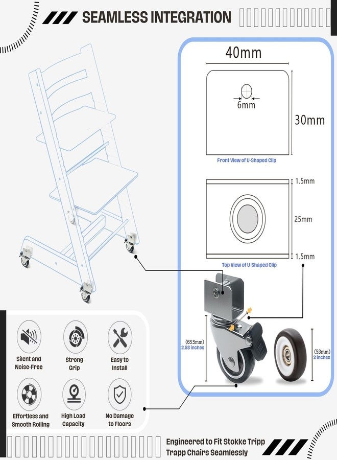 مجموعة من 4 عجلات شديدة التحمل متوافقة مع كرسي الطعام Stokke Tripp Trapp - عجلات صامتة مقاس 2 بوصة مع دعامات فولاذية مطلية بالكروم، دوران 360 درجة، تصميم مقاوم للخدش، يتحمل وزن 176 رطلاً (1 STE) - Image 2