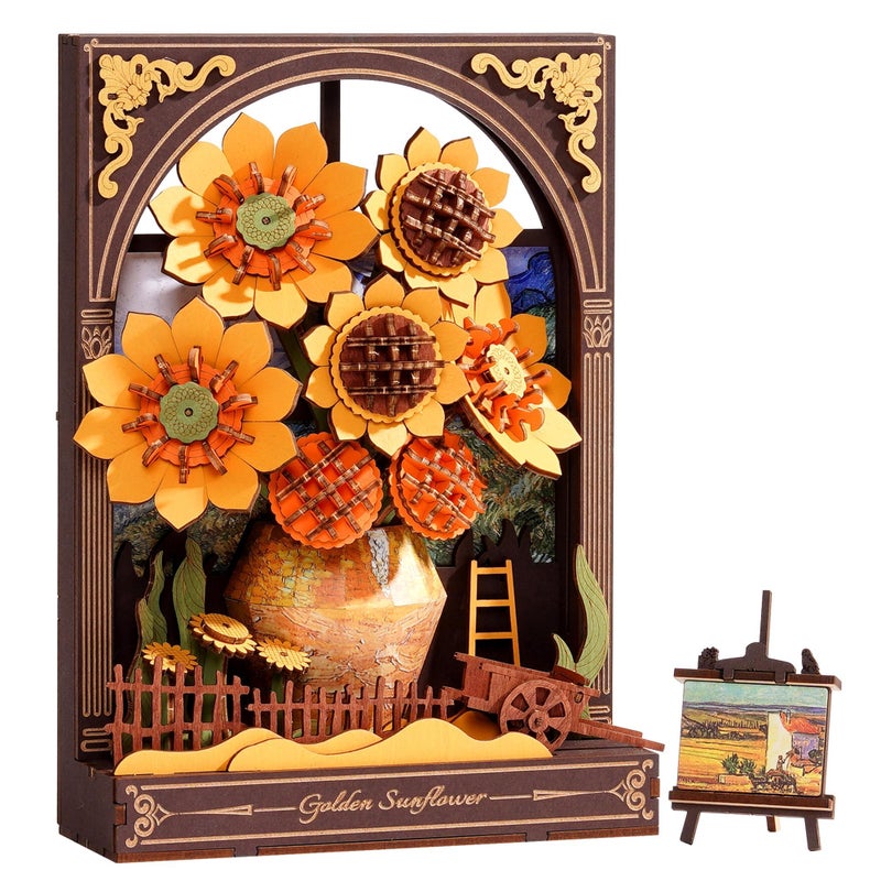 Wowood 3D Wooden Puzzles for Adults Van Gogh Golden Sunflower DIY Model Building Kits with LED Light Gifts for Mothers Day Home Decor Wall Art Unique Creative Gifts for Art LoversMenWomen - Image 2