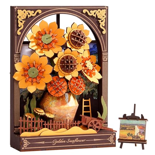 Wowood 3D Wooden Puzzles for Adults Van Gogh Golden Sunflower DIY Model Building Kits with LED Light Gifts for Mothers Day Home Decor Wall Art Unique Creative Gifts for Art LoversMenWomen - Image 1