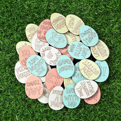 Menkxi 30 Pack Wooden Easter Egg Tokens Basket Stuffers Easter Reward Tokens with 30 Different Engraved Sayings Eggs Filled Activity for Teens Adults - Image 1