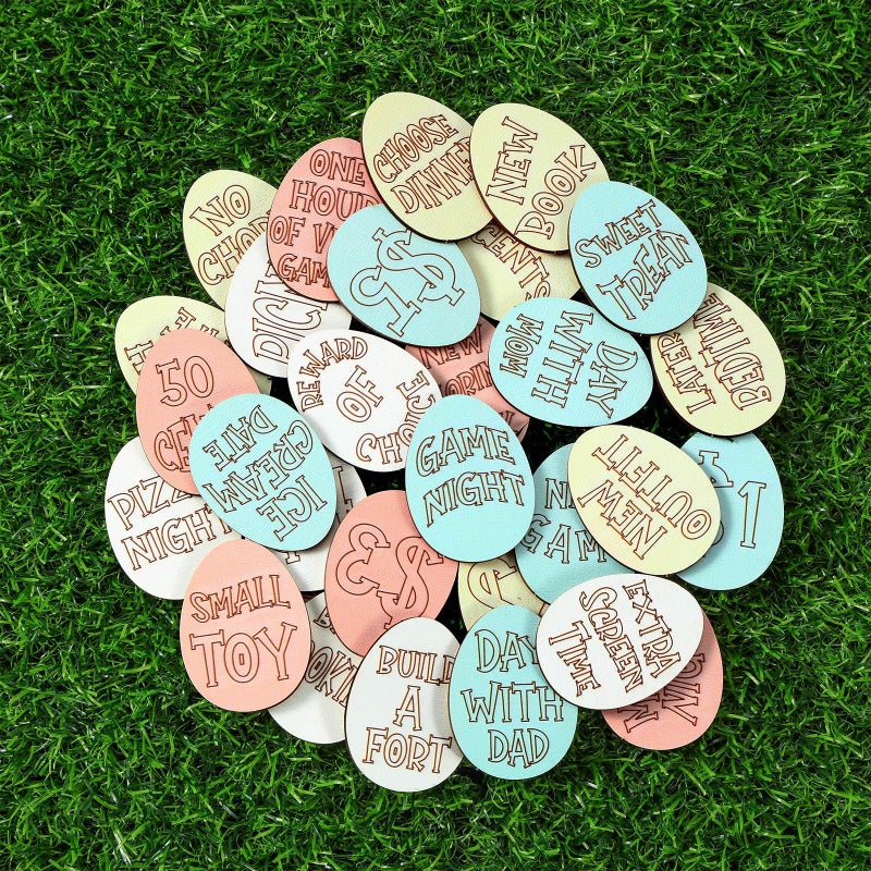 Menkxi 30 Pack Wooden Easter Egg Tokens Basket Stuffers Easter Reward Tokens with 30 Different Engraved Sayings Eggs Filled Activity for Teens Adults - Image 3