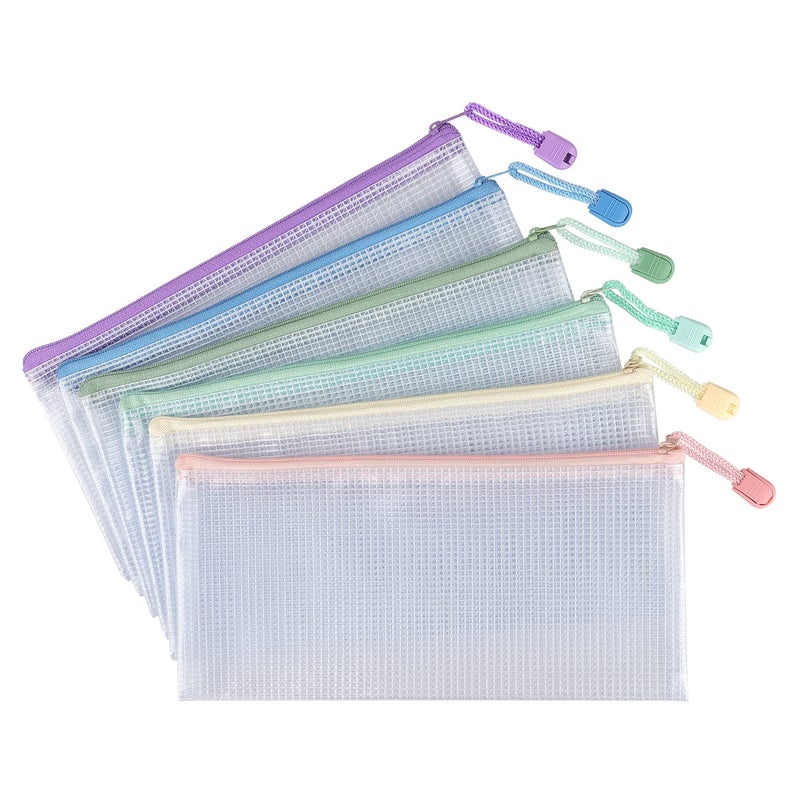 Tamaki 6 Pack Mesh Pencil Pouch Waterproof Bags Plastic Zipper Pouch A6 Size for Classroom Organization School Office Supplies (Macaroon, A6) - Image 1