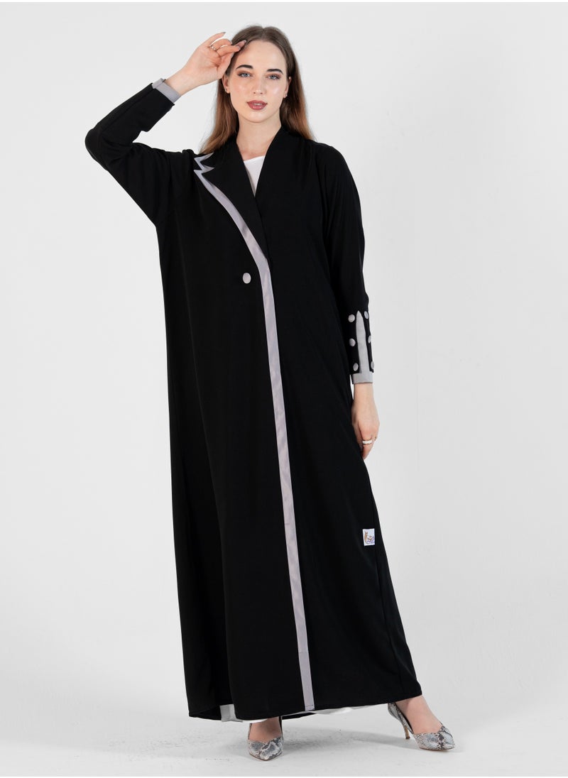 Rosette Abaya Abaya with Button style and Gray color  design on sleeves  - Image 5
