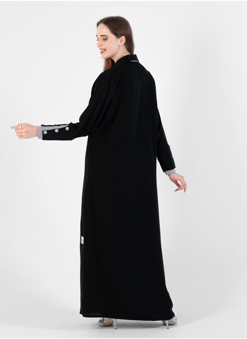 Rosette Abaya Abaya with Button style and Gray color  design on sleeves  - Image 2
