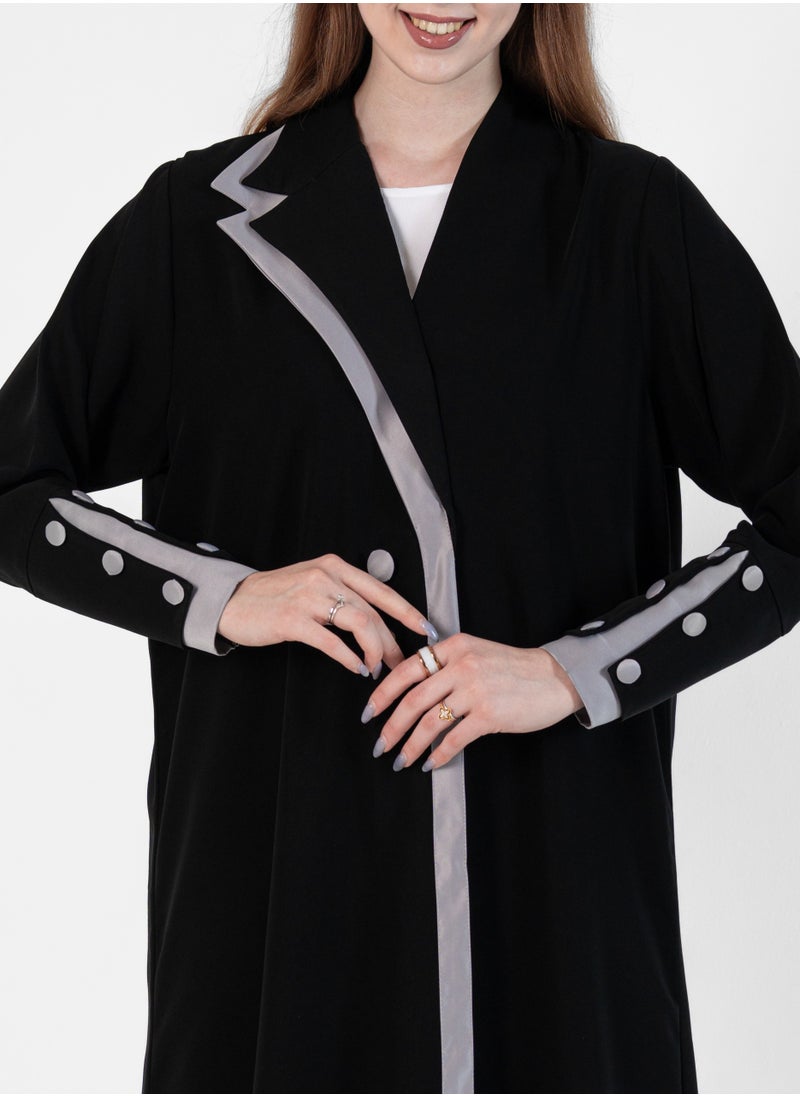 Rosette Abaya Abaya with Button style and Gray color  design on sleeves  - Image 4