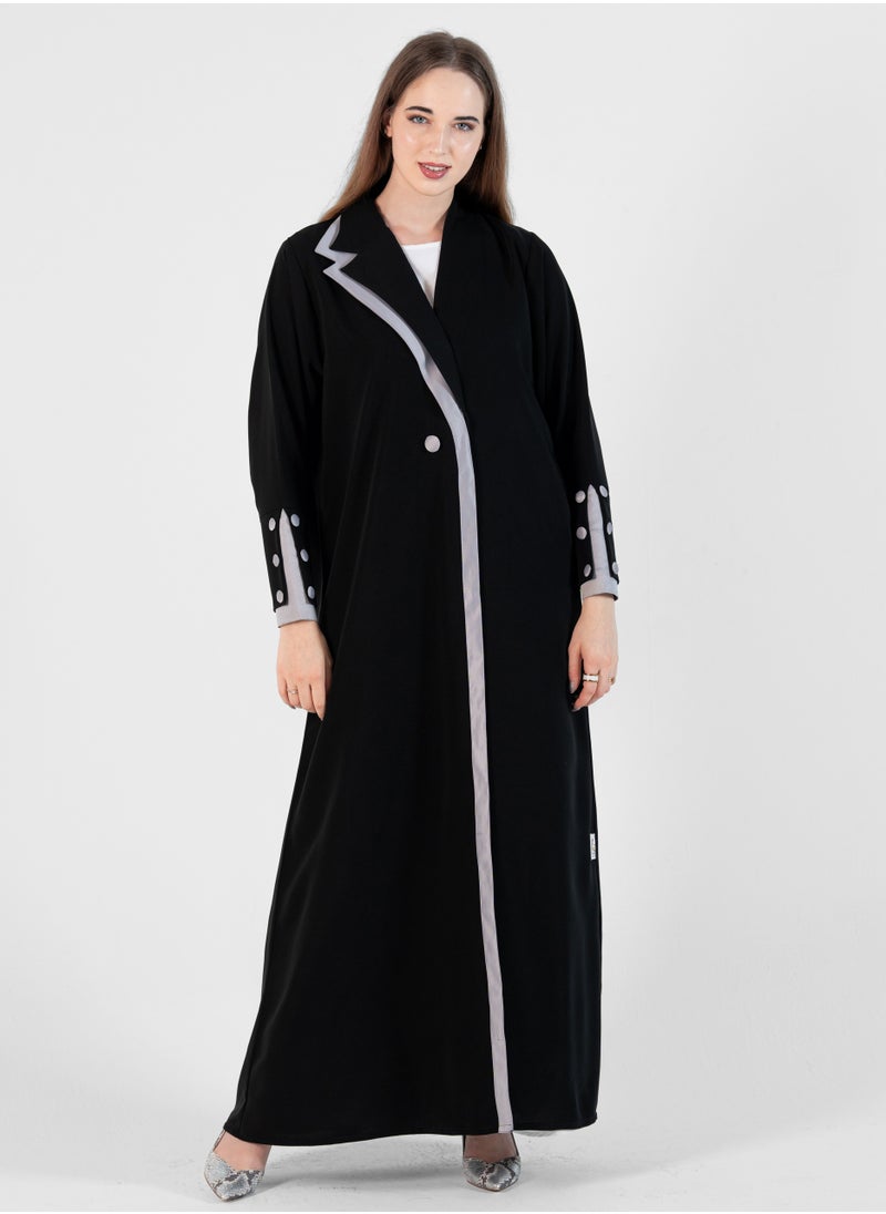 Rosette Abaya Abaya with Button style and Gray color  design on sleeves  - Image 1