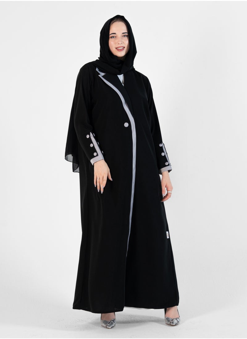 Rosette Abaya Abaya with Button style and Gray color  design on sleeves  - Image 3